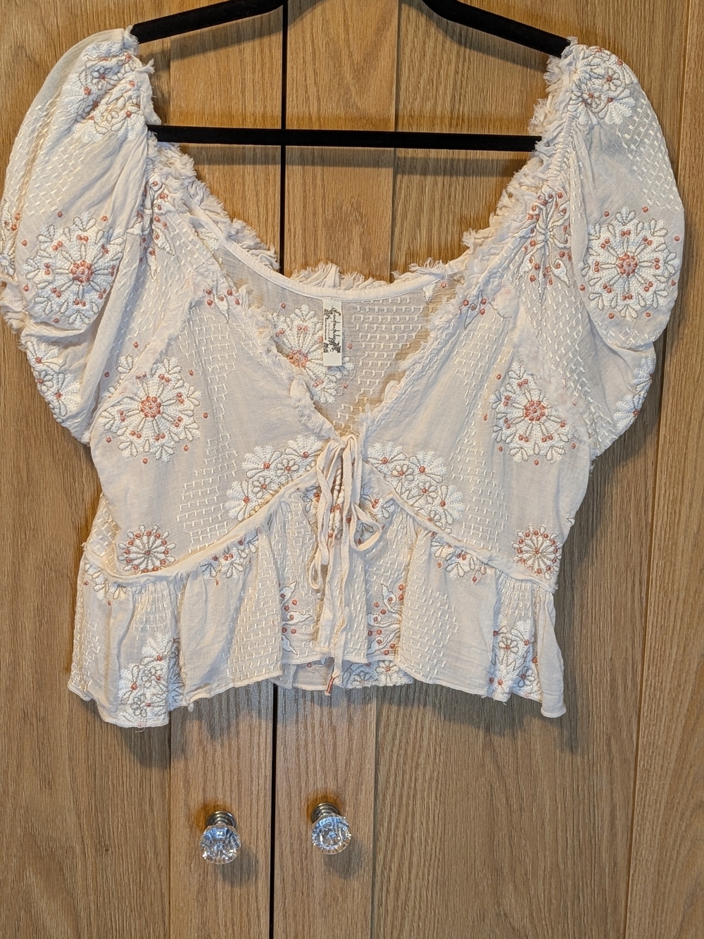 Free People Cream Cropped Peasant Top with Blush Embroidery